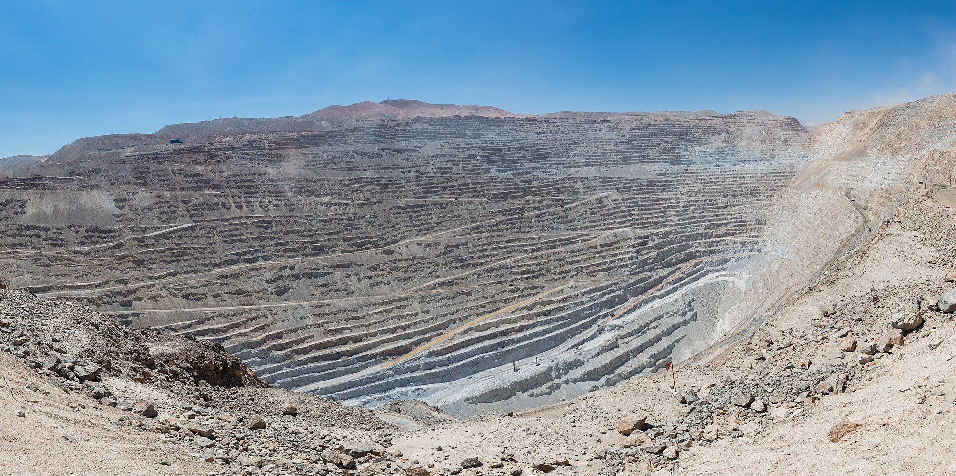 Panorama of the Chuquicamata open-pit copper mine near Calama, Chile, with terraced rock walls and haul roads.