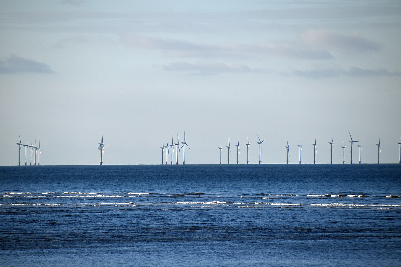 Rows of offshore wind turbines at Horns Rev 1 in the Danish North Sea.