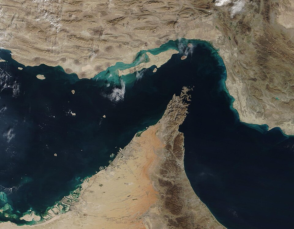 Satellite view of the narrow Strait of Hormuz.