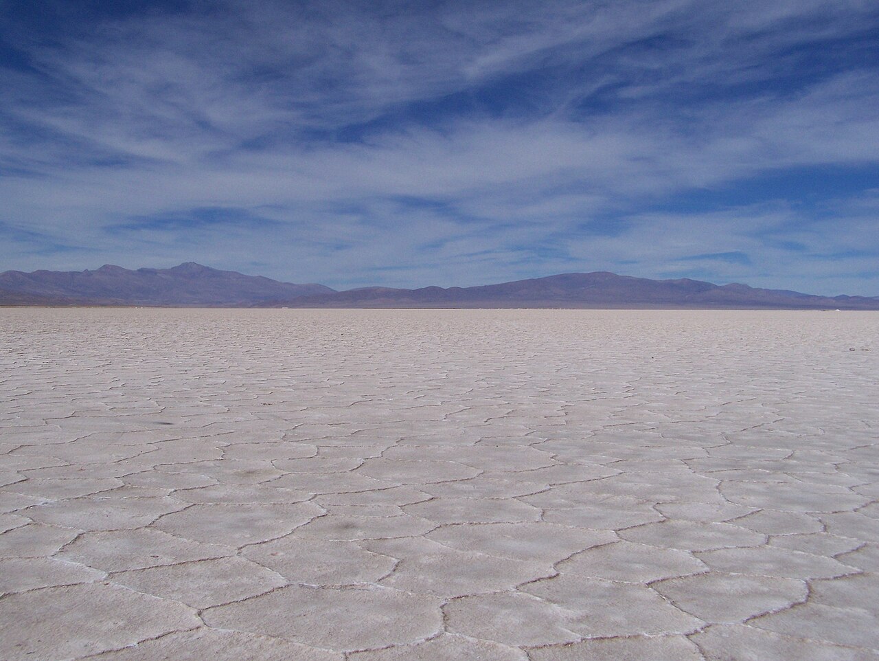 The white expanse of Salinas Grandes, a high salt flat in northwest Argentina.