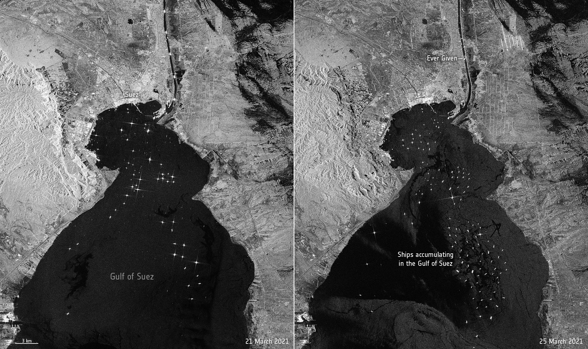 Radar satellite image of ships queued at the Suez Canal while the channel is blocked.