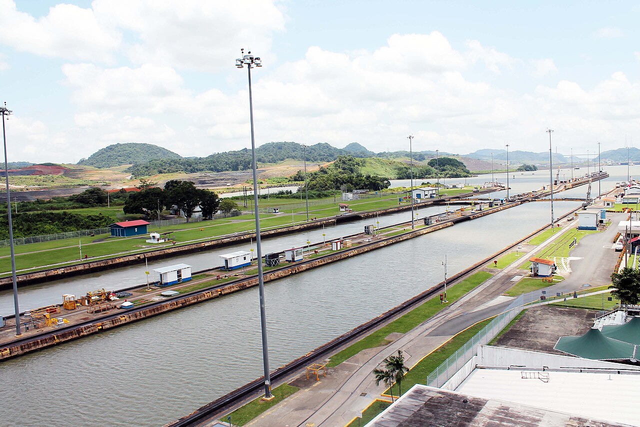 A ship in the Miraflores Locks of the Panama Canal.