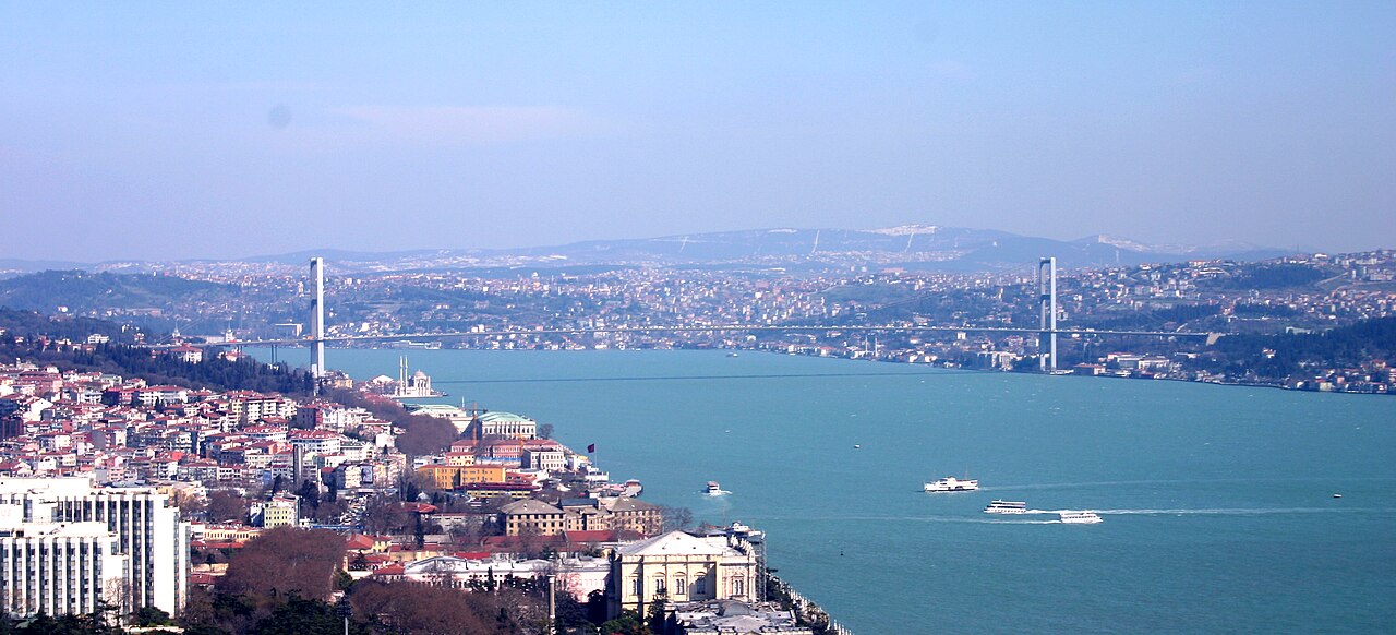 The Bosphorus in Istanbul, a narrow strait with the city built to the water on both shores.