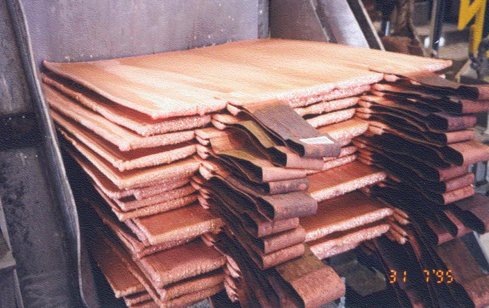 Stacks of refined copper cathode sheets.