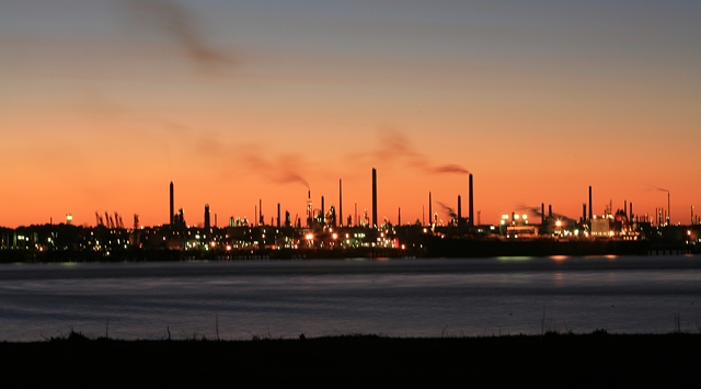Fawley oil refinery at dusk.